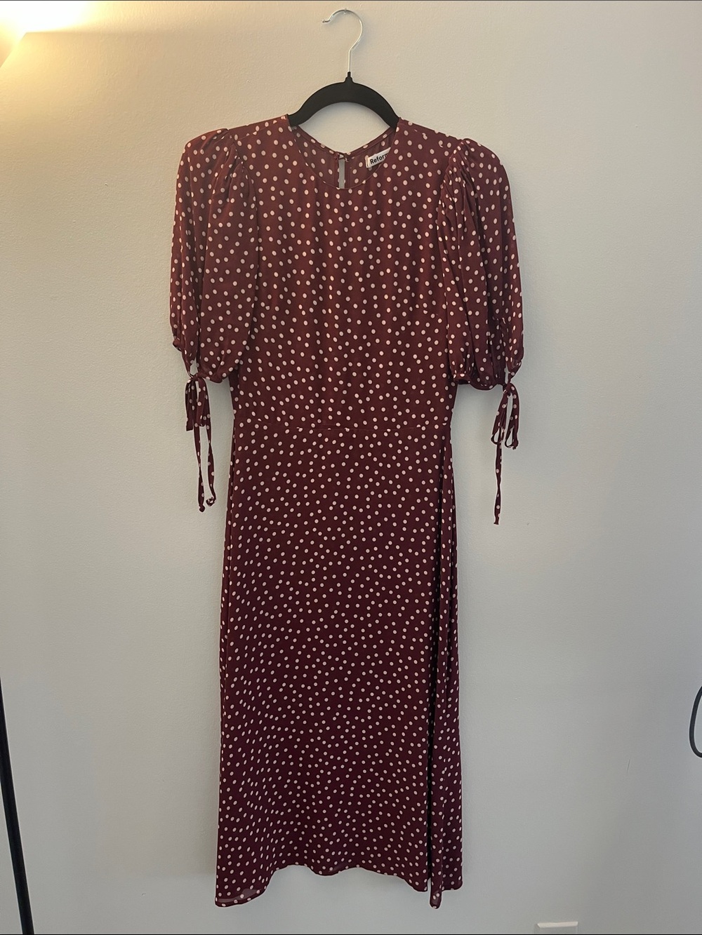 Reformation Burgundy Polka Dot Puff-Sleeve Midi Dress